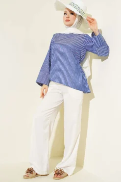 Alternatieve weergave van Asymmetrical Cut Thick Striped Tunic Blue