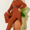 Asymmetrical Cut Belted Tunic Set Tan