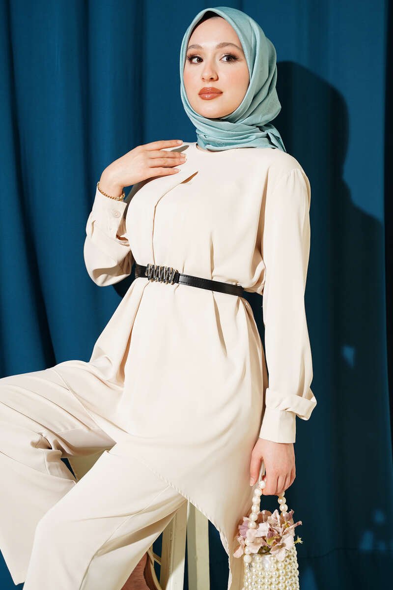 Asymmetrical Cut Belted Tunic Set Stone - Imagen 2