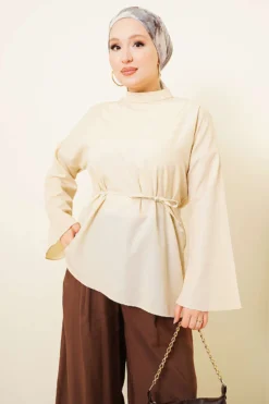 Asymmetrical Cut Poplin Tunic Beige