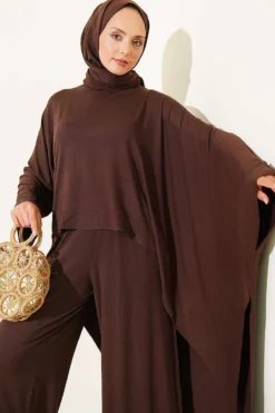 Alternative view of Asymmetrical Cut Blouse Two-Piece Set Brown