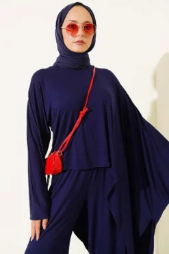Alternative view of Asymmetrical Cut Blouse Two-Piece Set Navy Blue