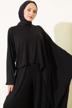 Alternative view of Asymmetrical Cut Blouse Two-Piece Set Black