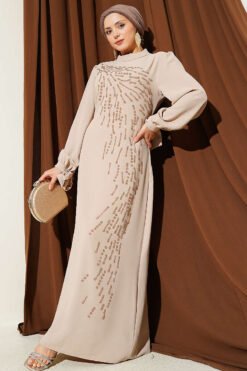 Asymmetrical Stone-Embellished Evening Dress Beige