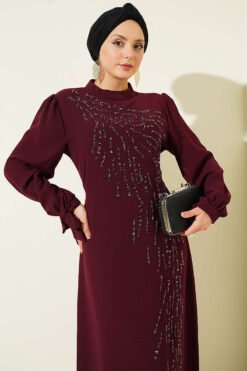 Alternative view of Asymmetrical Stone-Embellished Evening Dress Burgundy