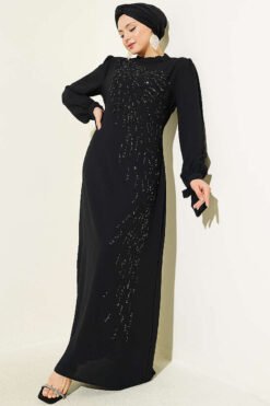 Asymmetrical Stone-Embellished Evening Dress Black