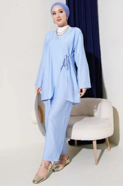 Alternative view of Asymmetric Side Tie Two-Piece Set Blue