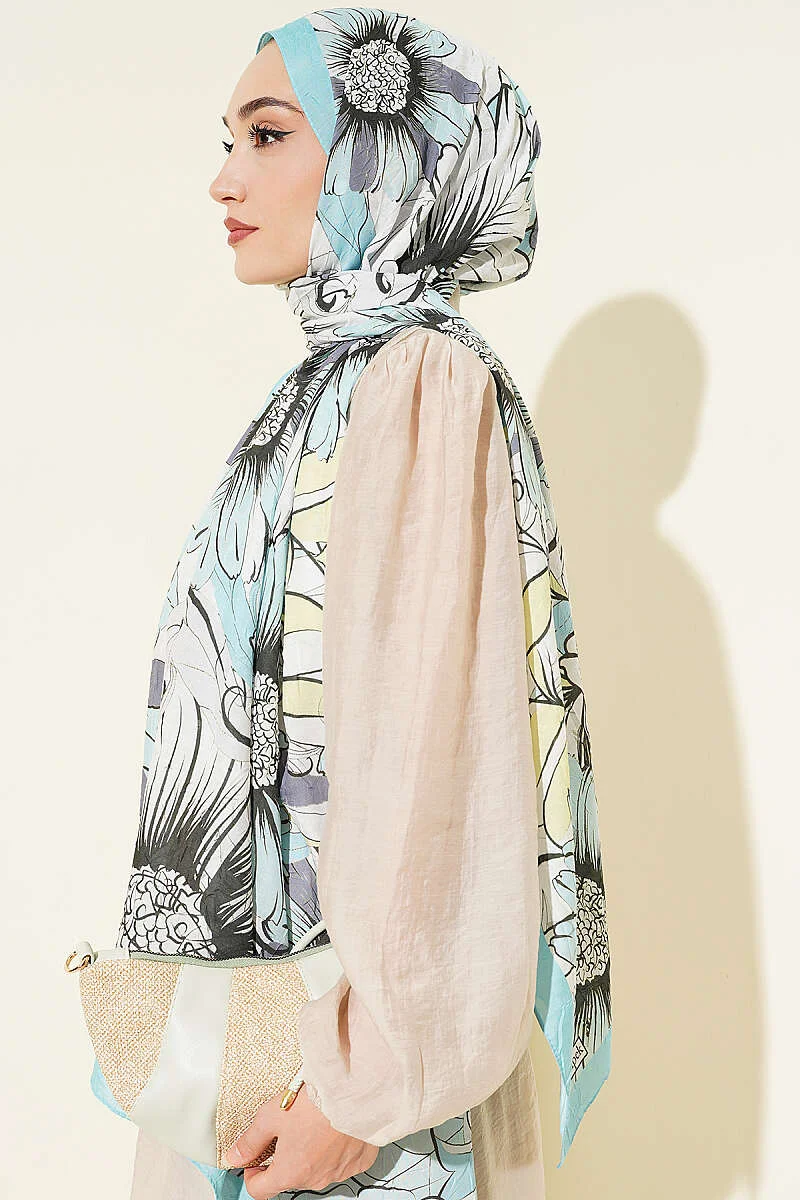Sunflower Pattern Bamboo Crinkle Shawl Turquoise – Image 3