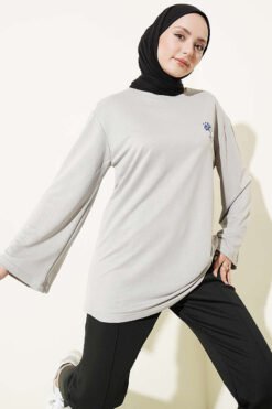 Bear Embroidered Long Tunic Grey