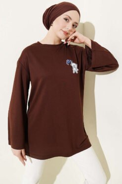 Bear Embroidered Long Tunic Brown