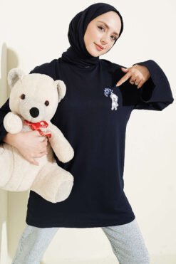 Bear Embroidered Long Tunic Navy Blue
