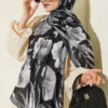 Large Flower Pattern Bamboo Crinkle Shawl Anthracite