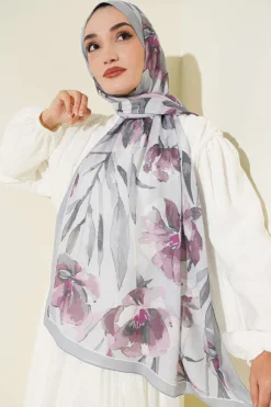 Large Flower Pattern Bamboo Crinkle Shawl Grey