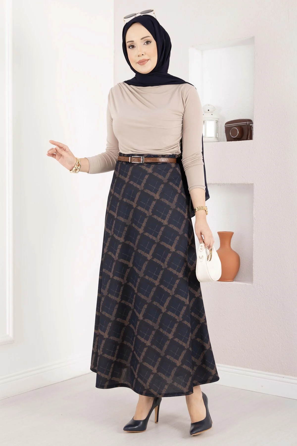 Baklava Pattern Scuba Skirt Navy Blue
