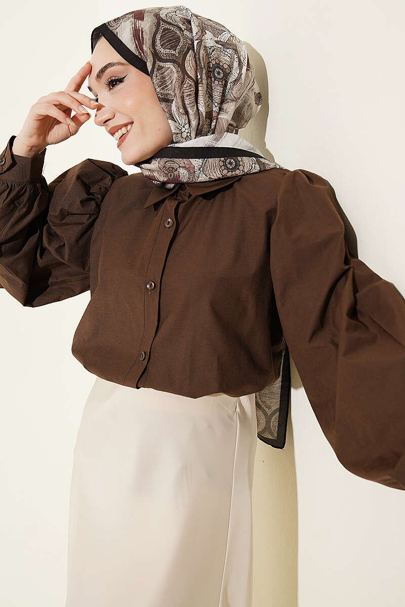 Balloon Sleeve Basic Short Shirt Brown