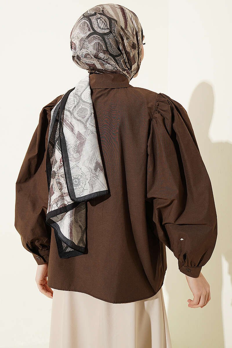 Balloon Sleeve Basic Short Shirt Brown – Image 3
