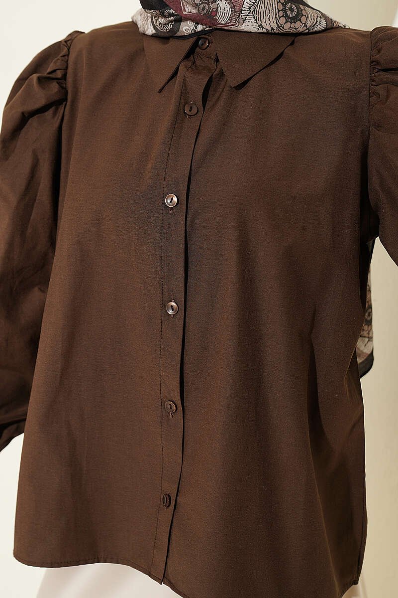 Balloon Sleeve Basic Short Shirt Brown – Image 4