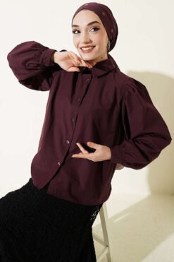 Balloon Sleeve Basic Short Shirt Plum
