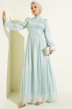 Balloon Sleeve Draped Waist Evening Dress Mint