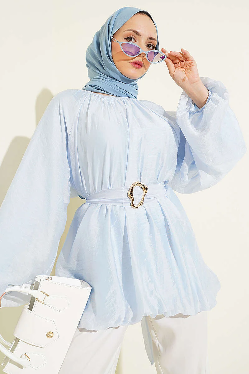 Balloon Sleeve Tunic with Gold Buckle Blue