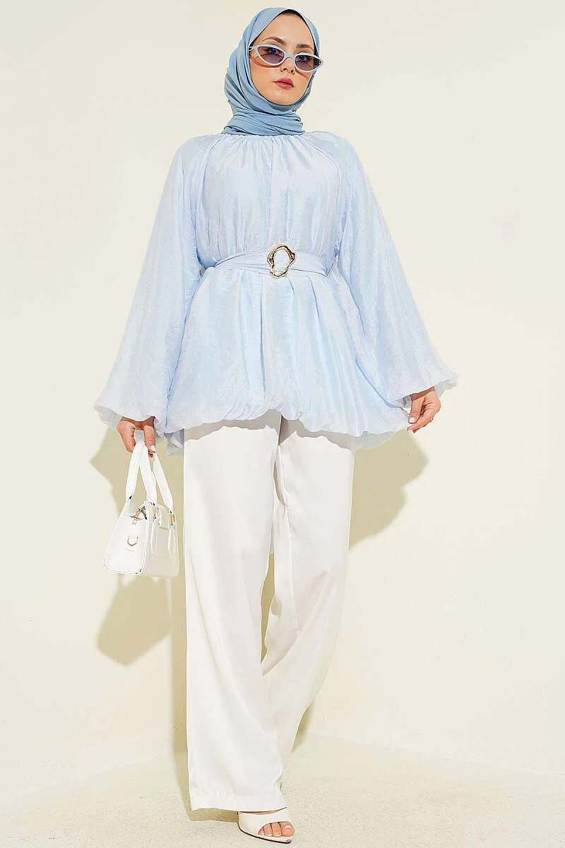 Balloon Sleeve Tunic with Gold Buckle Blue - immagine 2