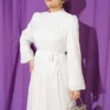 Balloon Sleeve Belted Chiffon Evening Dress Ecru - Afbeelding 2