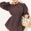 Balloon Sleeve Tie Detail Tunic Brown