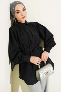 Balloon Sleeve Tie Detail Tunic Black