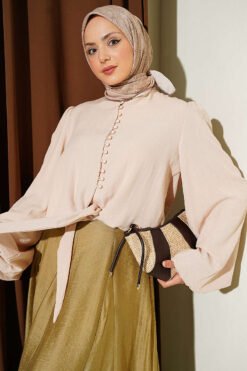 Balloon Sleeve Tied Front Short Shirt Beige