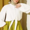 Balloon Sleeve Tied Front Short Shirt Ecru