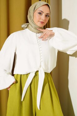 Balloon Sleeve Tied Front Short Shirt Ecru