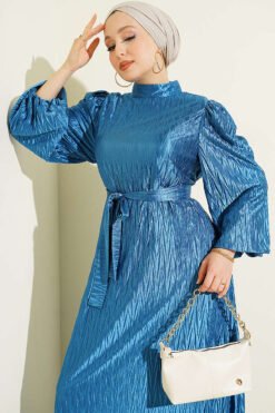 Vista alternativa de Balloon Sleeve Pleated Belted Evening Dress Indigo