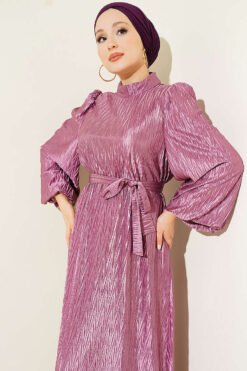 Vista alternativa de Balloon Sleeve Pleated Belted Evening Dress
