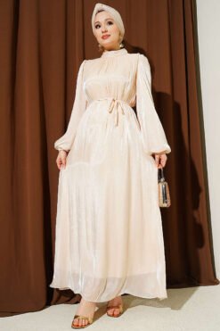 Balloon Sleeve Belted Chiffon Evening Dress Beige