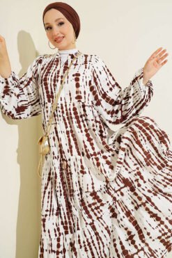 Batik Pattern Mandarin Collar Dress Brown