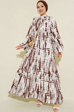 Vista alternativa di Batik Pattern Mandarin Collar Dress Brown