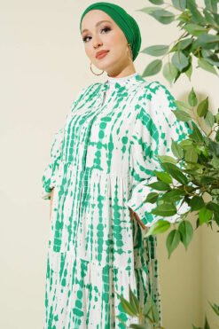 Vista alternativa di Batik Pattern Mandarin Collar Dress Green
