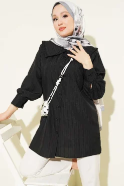 Peter Pan Collar Striped Embossed Shirt Black