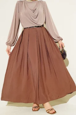 Belted Pleated Flared Skirt Brown