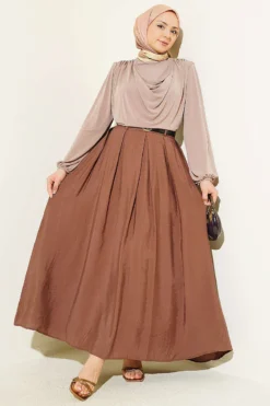 Alternative view of Belted Pleated Flared Skirt Brown