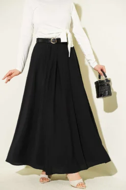 Belted Pleated Flared Skirt Black