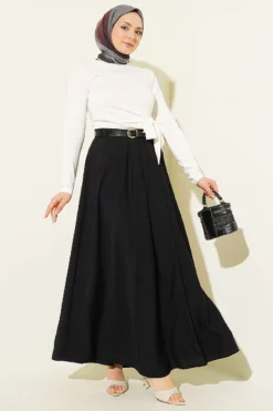 Alternative view of Belted Pleated Flared Skirt Black