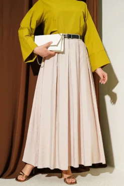 Belted Pleated Flared Skirt Stone