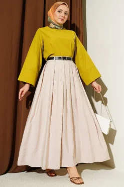 Alternative view of Belted Pleated Flared Skirt Stone