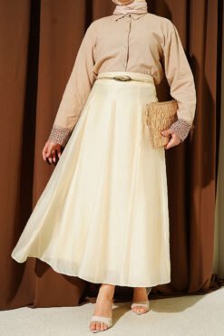 Belted Flared Tulle Skirt Yellow