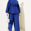 Belted Balloon Sleeve Two-Piece Set Indigo