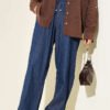 Wide-Legged Denim Pants with Belt Tie Navy Blue