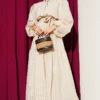 Elastic Waist Balloon Sleeve Pleated Dress Beige