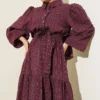 Elastic Waist Balloon Sleeve Pleated Dress Plum – Image 2