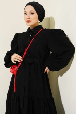 Alternative view of Elastic Waist Balloon Sleeve Pleated Dress Black